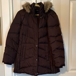 London Fog Chocolate Puffer Jacket with Faux Fur Trim, Down and feather filler.